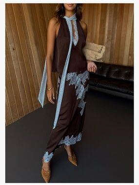 Brown Halter Lace-Trim Maxi Dress with Light Blue Accents
